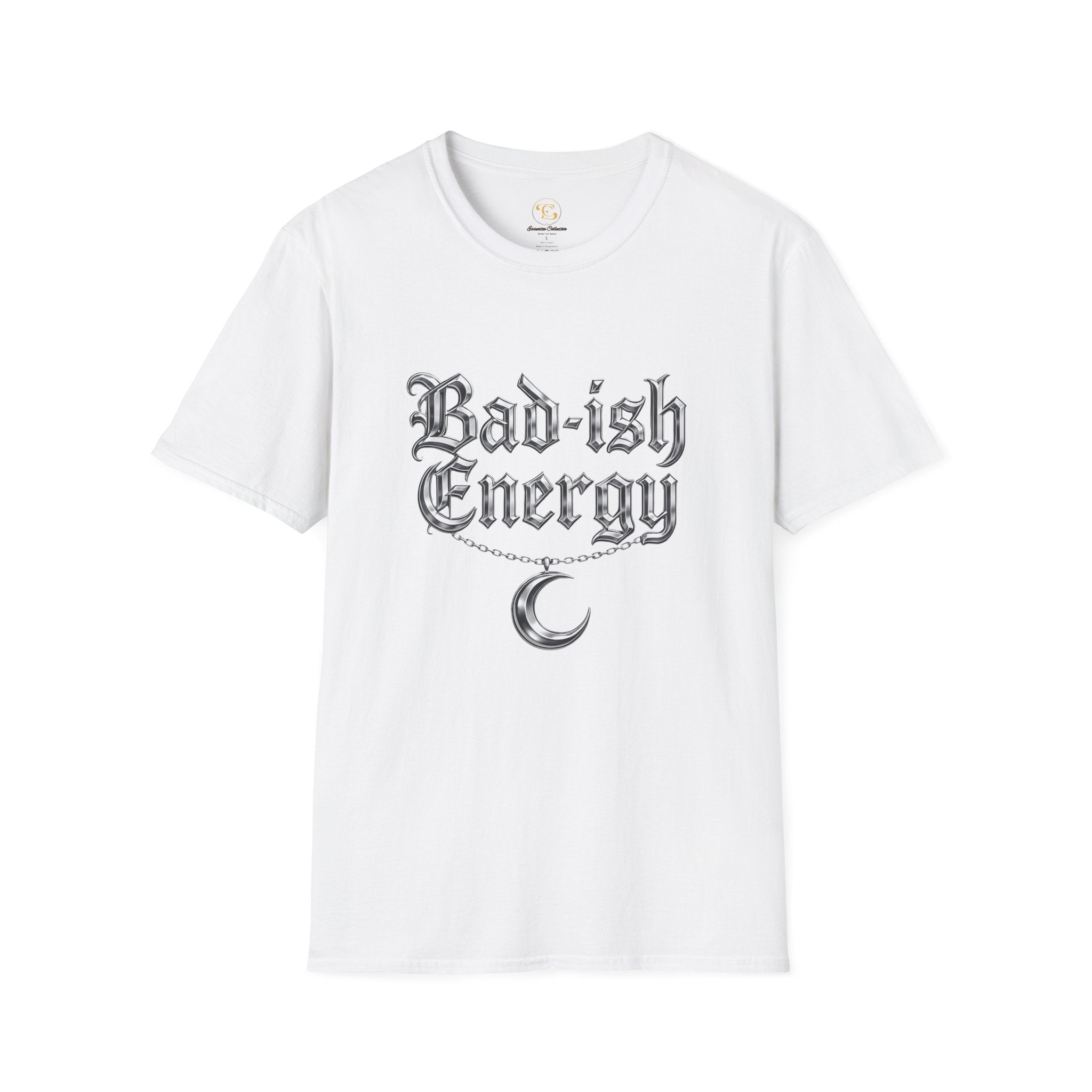 Bad-ish Energy T-Shirt — Gothic Script Tee with Crescent Moon Necklace Graphic
