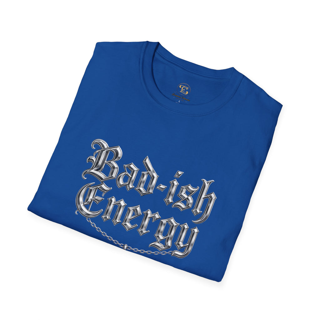 Bad-ish Energy T-Shirt — Gothic Script Tee with Crescent Moon Necklace Graphic
