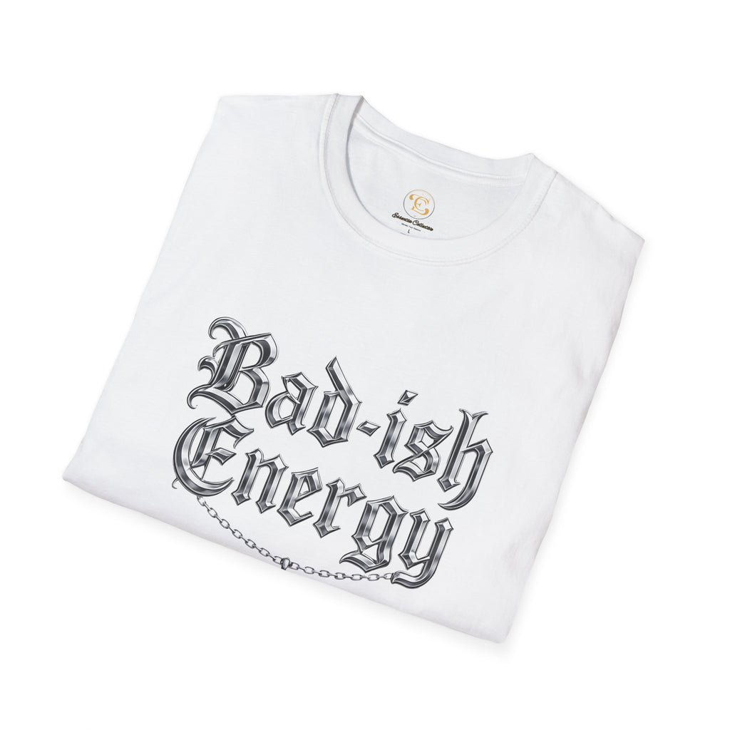 Bad-ish Energy T-Shirt — Gothic Script Tee with Crescent Moon Necklace Graphic