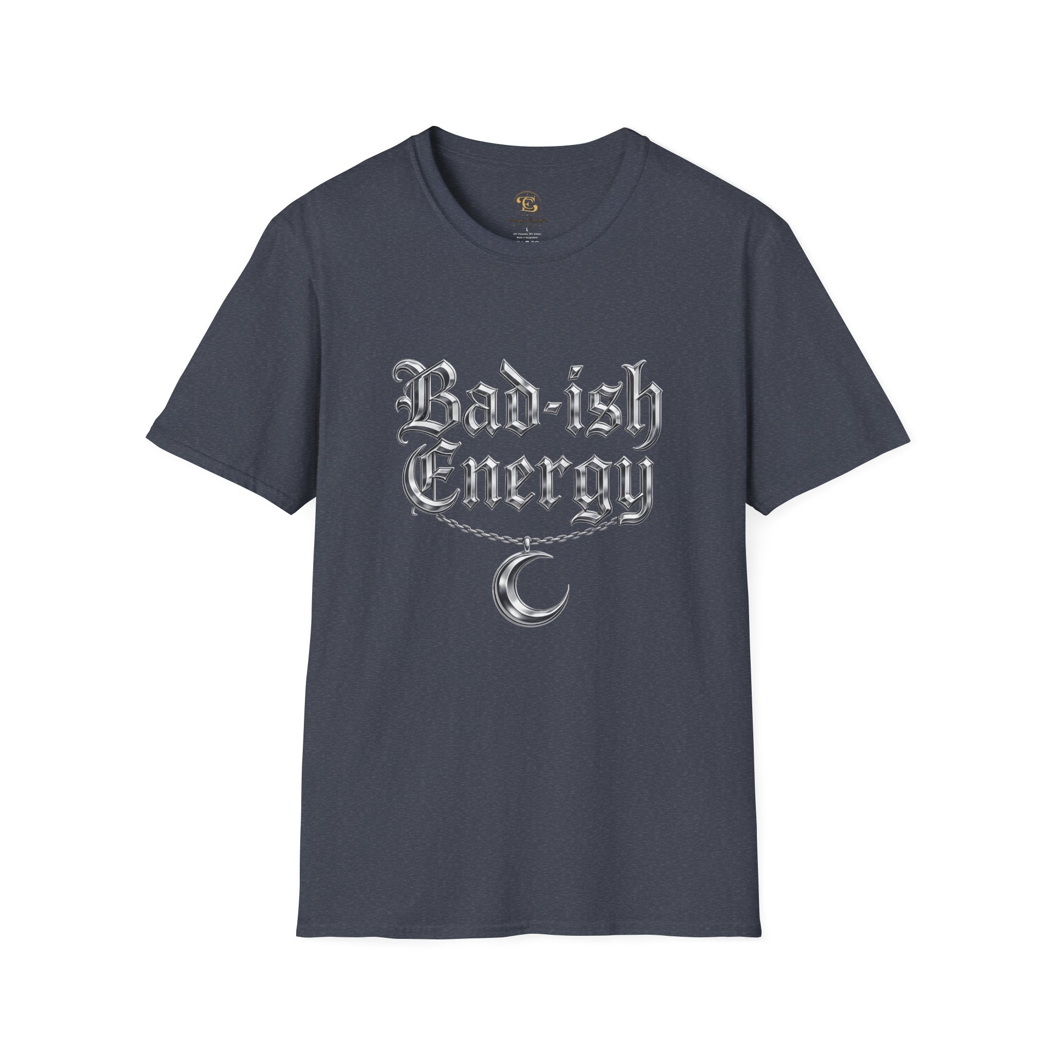 Bad-ish Energy T-Shirt — Gothic Script Tee with Crescent Moon Necklace Graphic