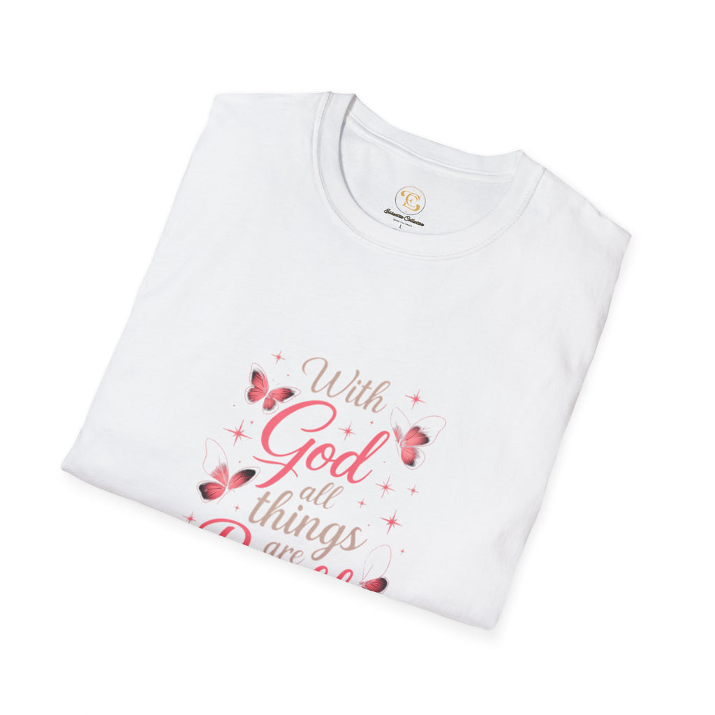 With God All Things Are Possible T-Shirt — Inspirational Christian Tee with Pink Butterflies