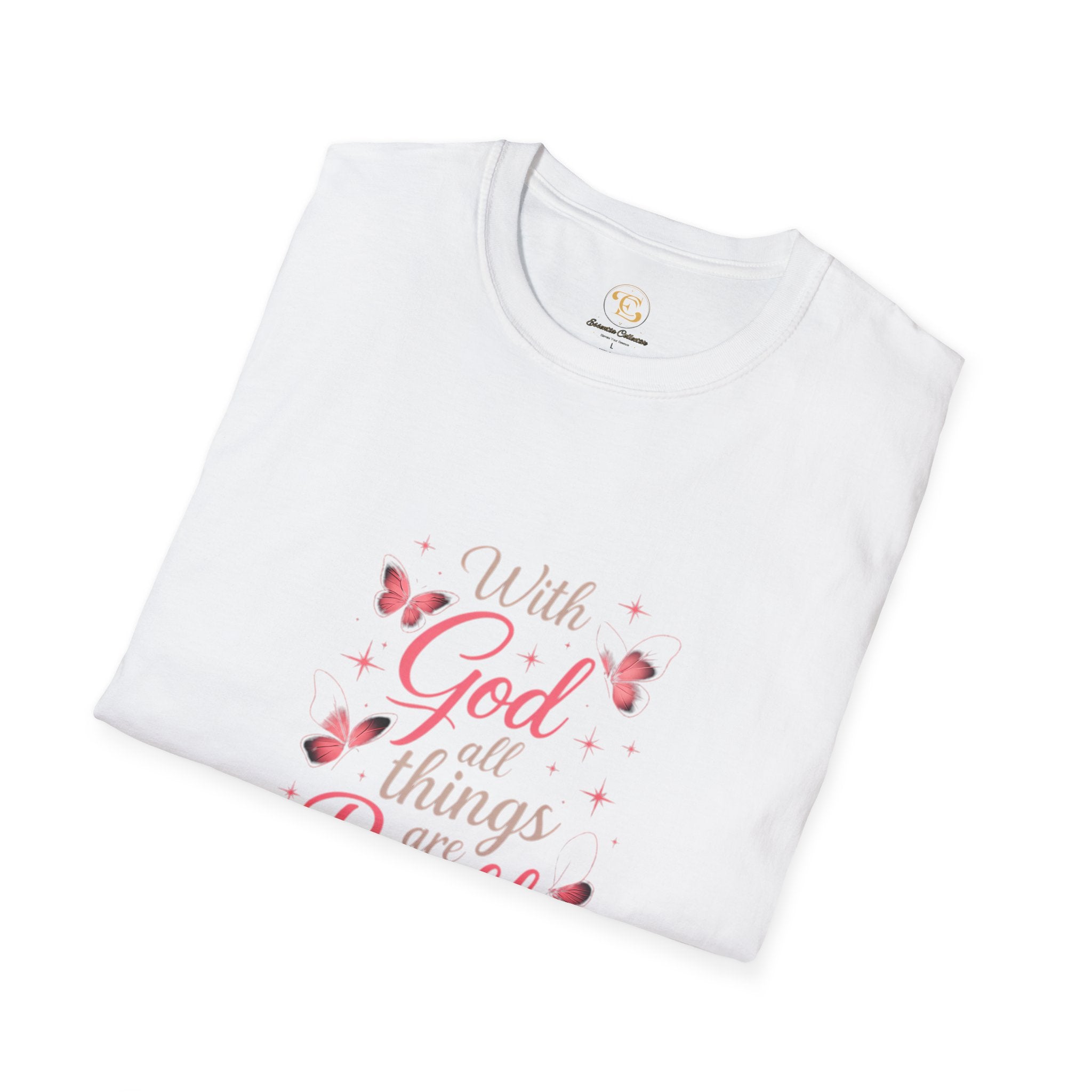 With God All Things Are Possible T-Shirt — Inspirational Christian Tee with Pink Butterflies