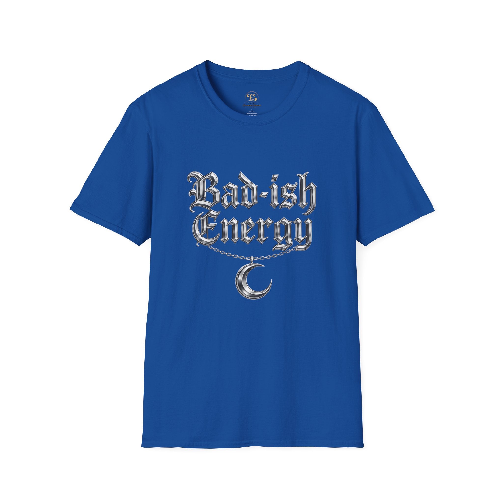 Bad-ish Energy T-Shirt — Gothic Script Tee with Crescent Moon Necklace Graphic