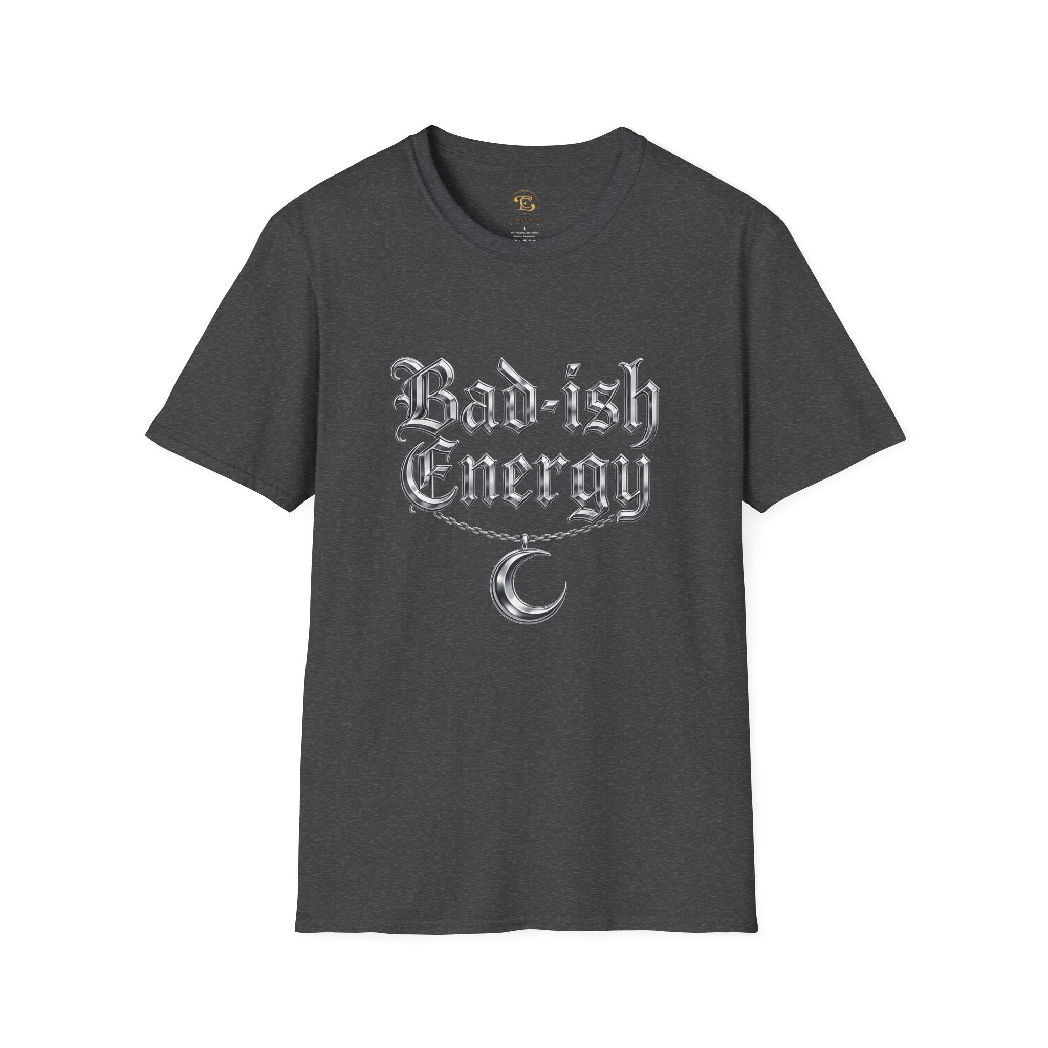 Bad-ish Energy T-Shirt — Gothic Script Tee with Crescent Moon Necklace Graphic
