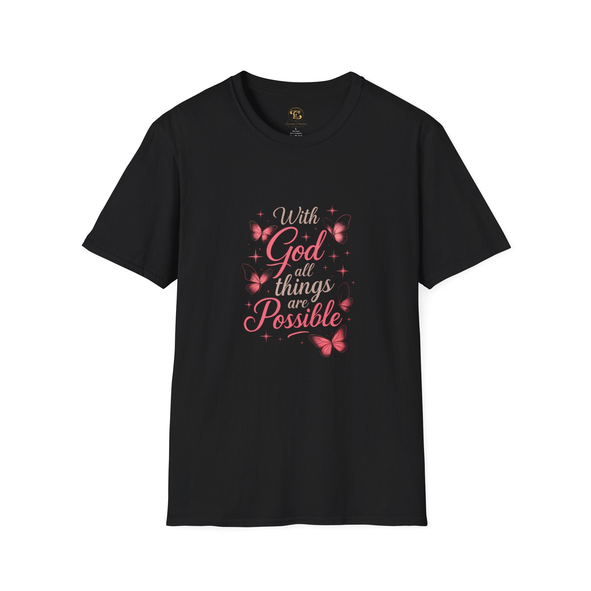 With God All Things Are Possible T-Shirt — Inspirational Christian Tee with Pink Butterflies