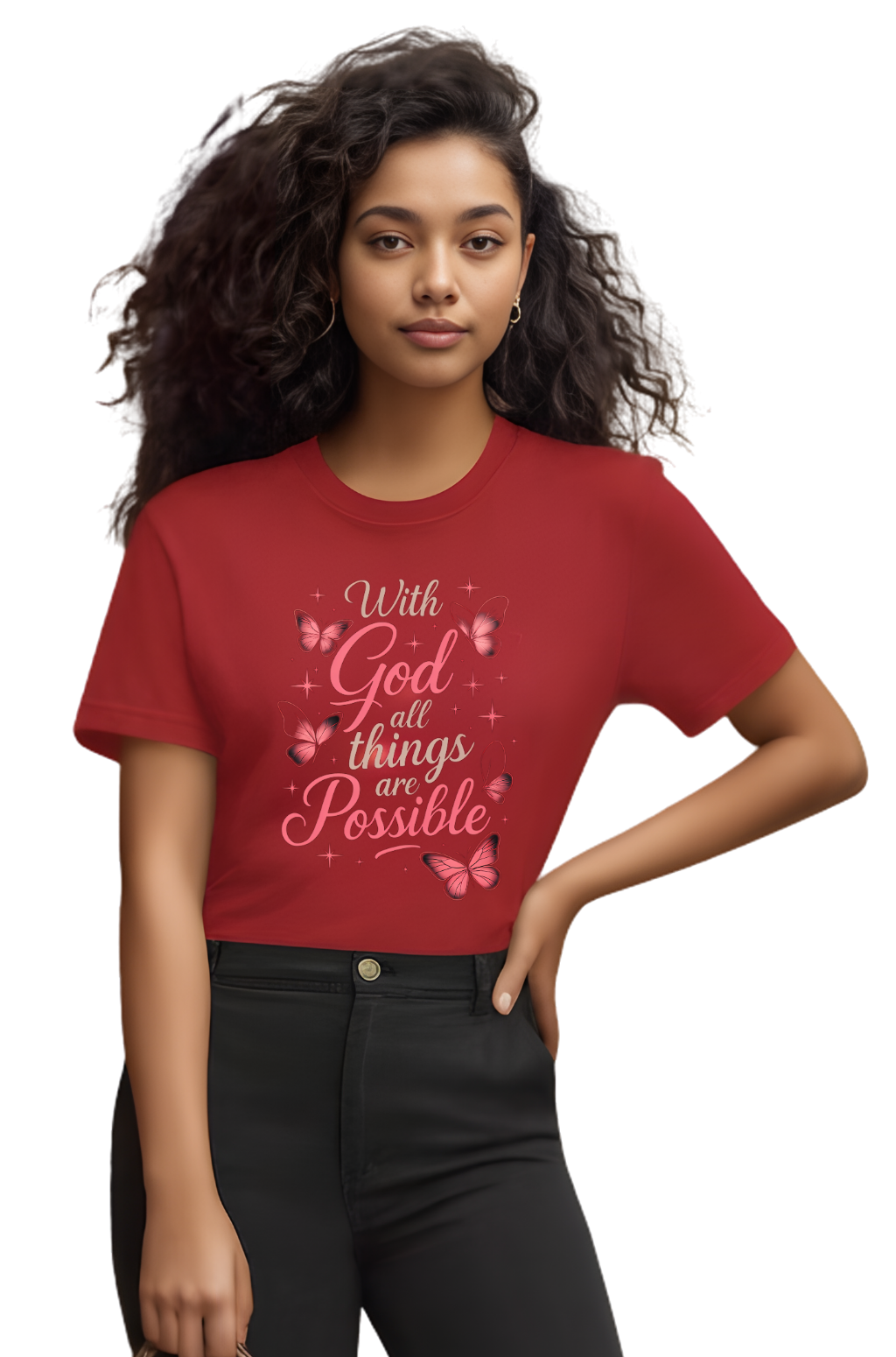 With God All Things Are Possible T-Shirt — Inspirational Christian Tee with Pink Butterflies