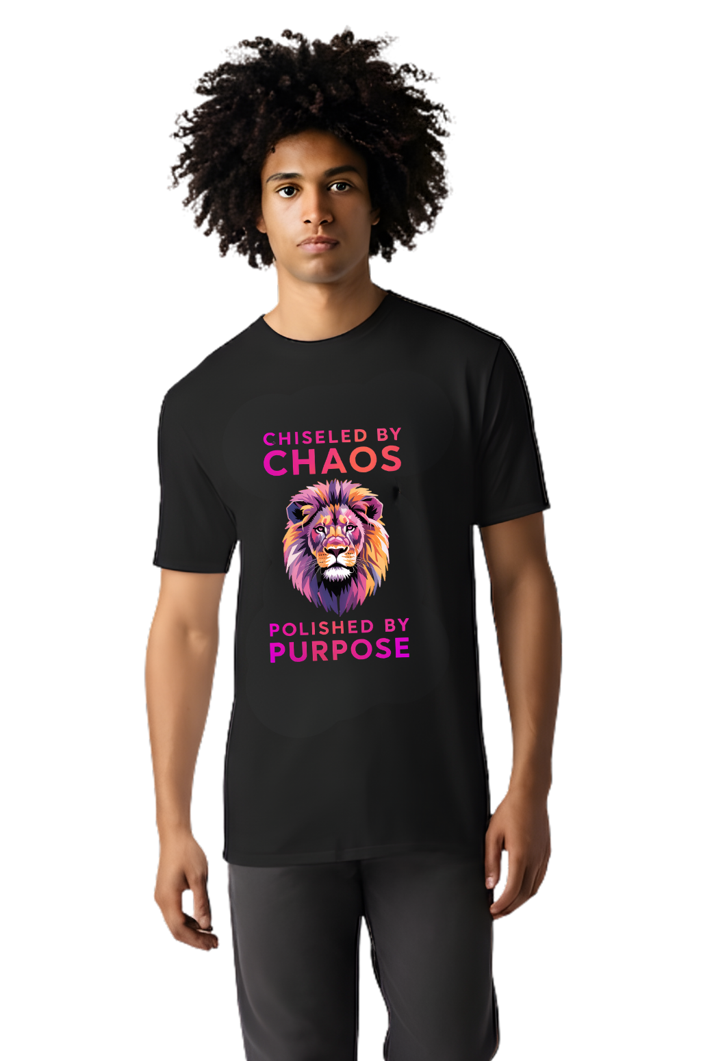 Lion Graphic T-Shirt — "Chiseled by Chaos, Polished by Purpose" Inspirational Tee