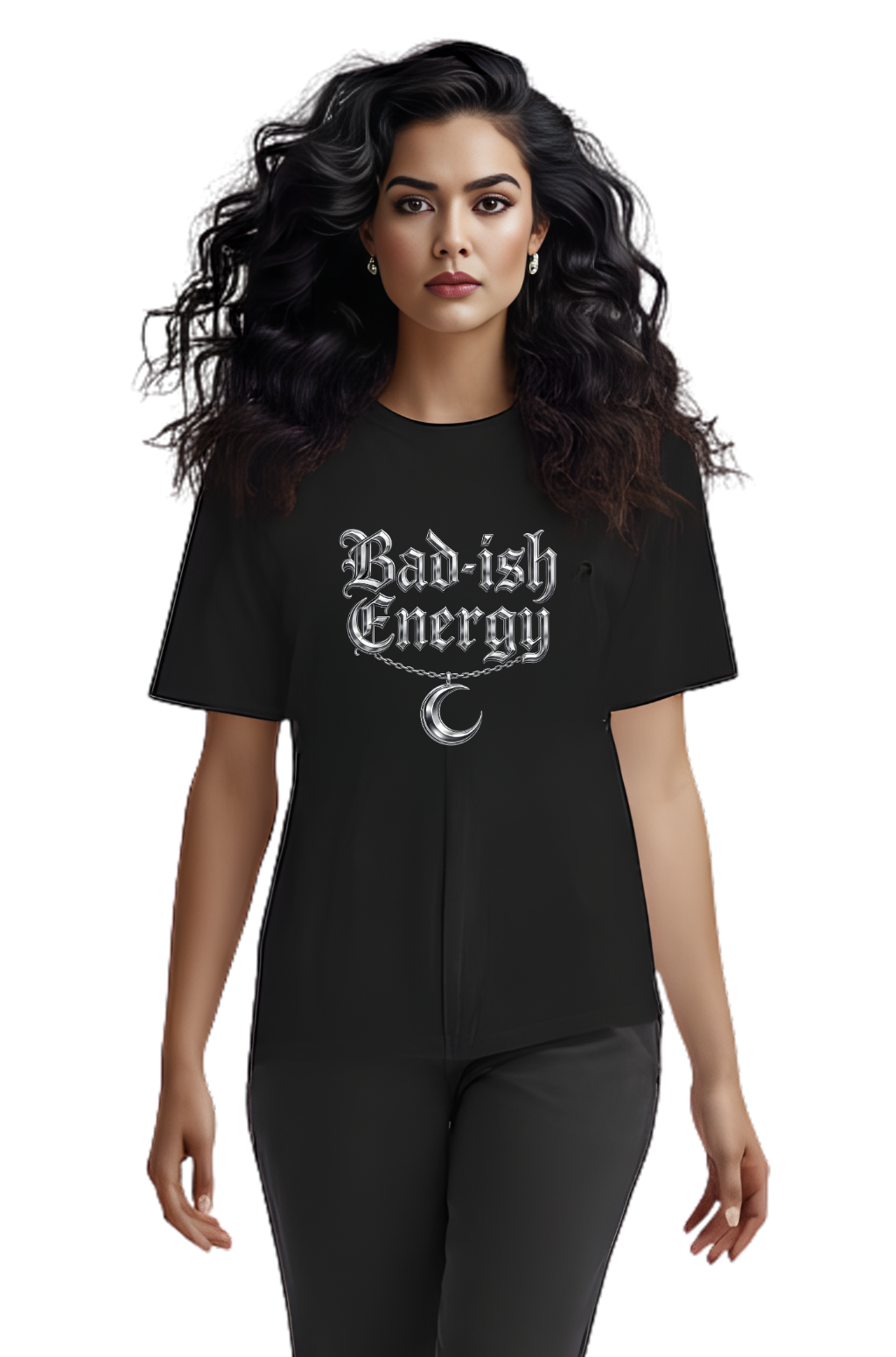 Bad-ish Energy T-Shirt — Gothic Script Tee with Crescent Moon Necklace Graphic