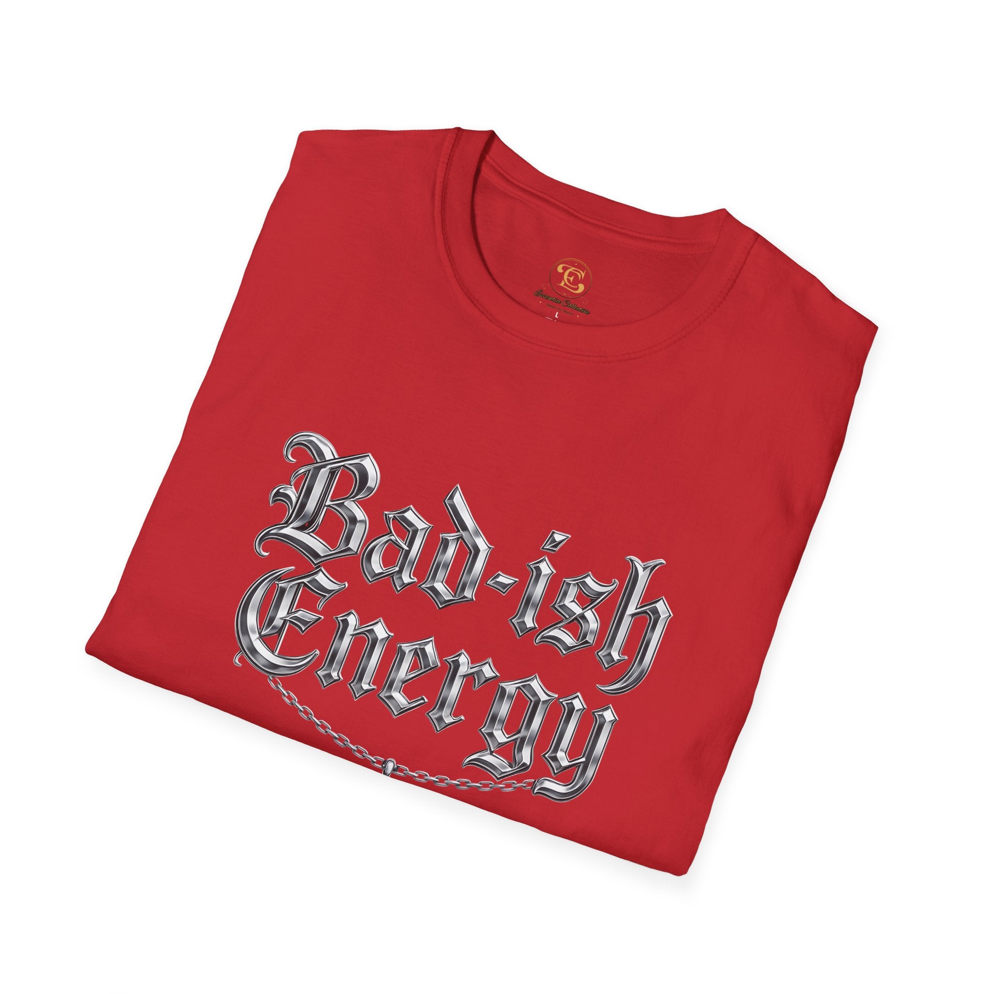 Bad-ish Energy T-Shirt — Gothic Script Tee with Crescent Moon Necklace Graphic