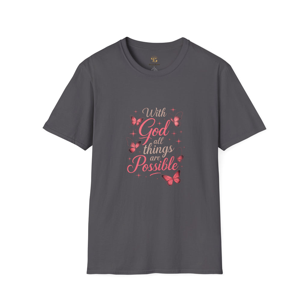 With God All Things Are Possible T-Shirt — Inspirational Christian Tee with Pink Butterflies
