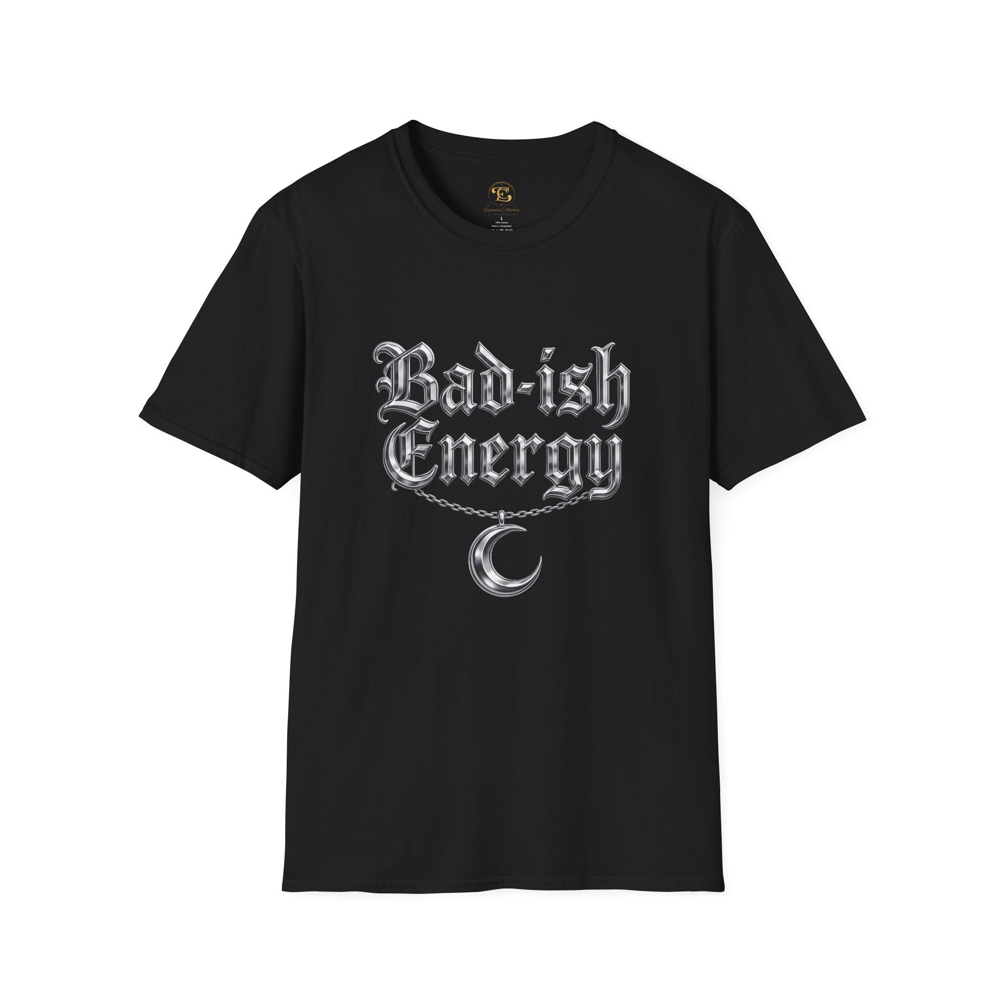 Bad-ish Energy T-Shirt — Gothic Script Tee with Crescent Moon Necklace Graphic