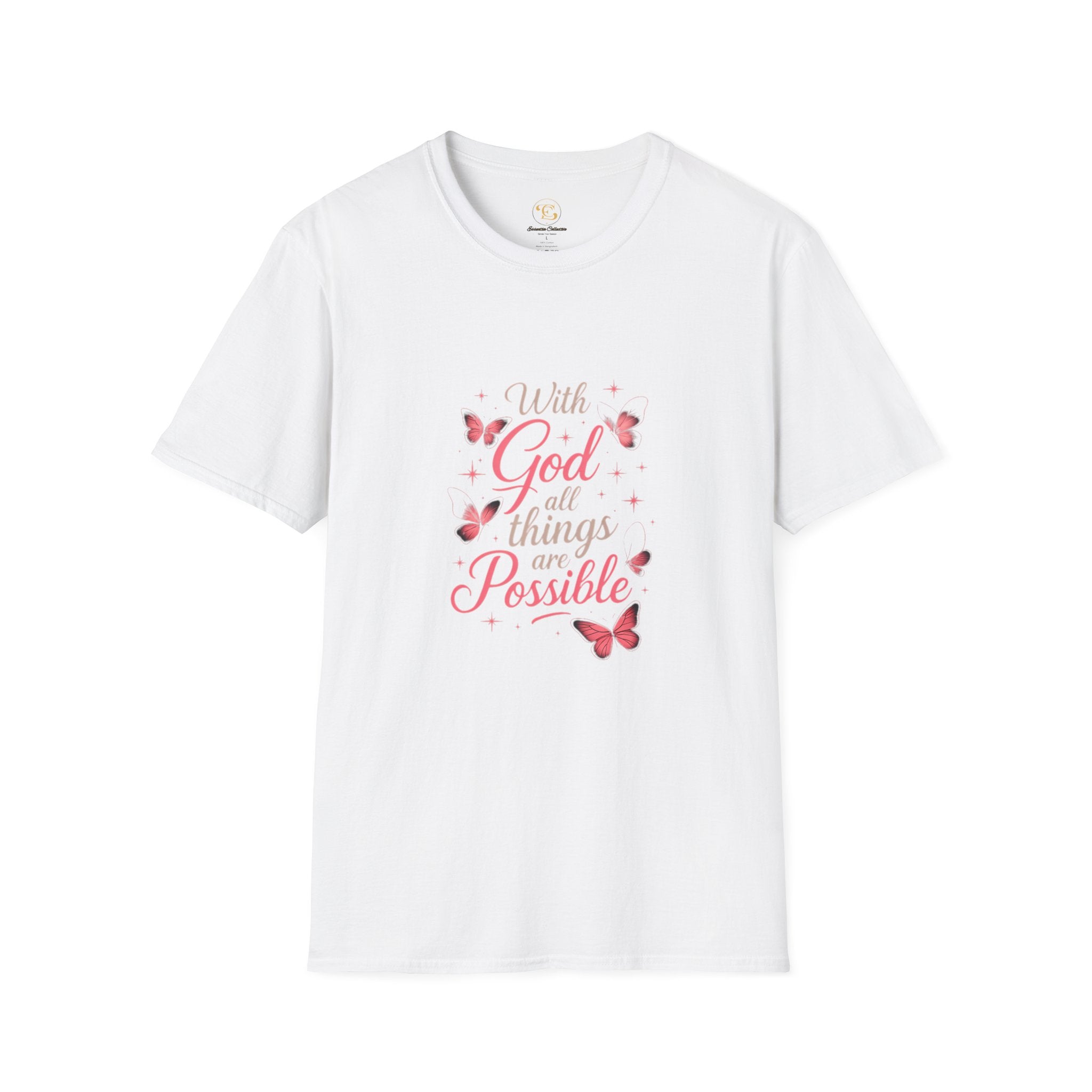 With God All Things Are Possible T-Shirt — Inspirational Christian Tee with Pink Butterflies