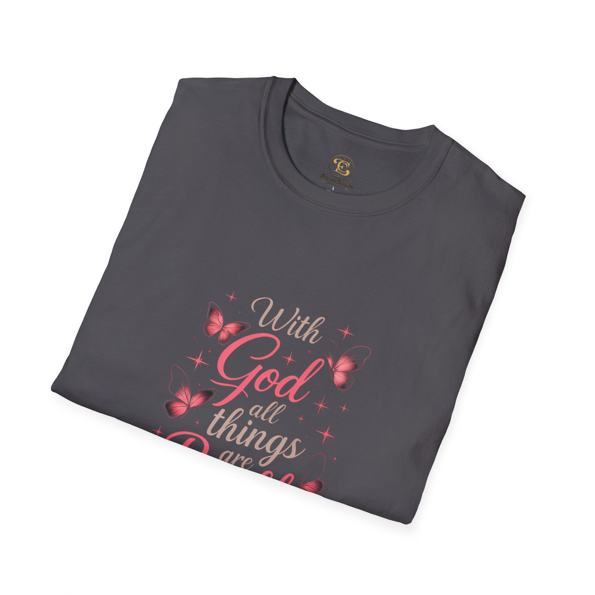With God All Things Are Possible T-Shirt — Inspirational Christian Tee with Pink Butterflies