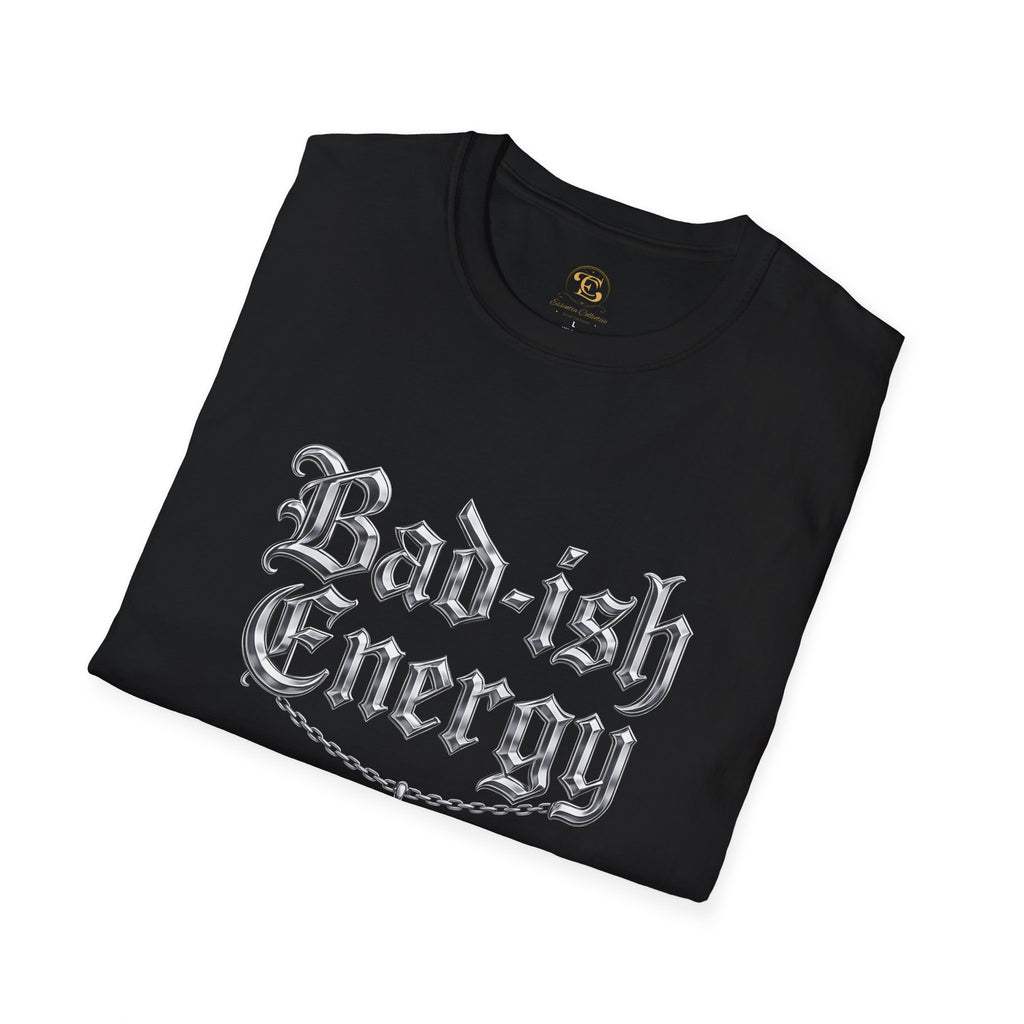 Bad-ish Energy T-Shirt — Gothic Script Tee with Crescent Moon Necklace Graphic