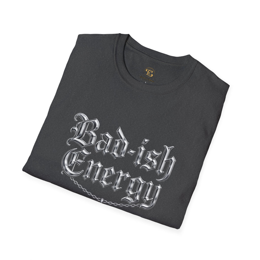 Bad-ish Energy T-Shirt — Gothic Script Tee with Crescent Moon Necklace Graphic