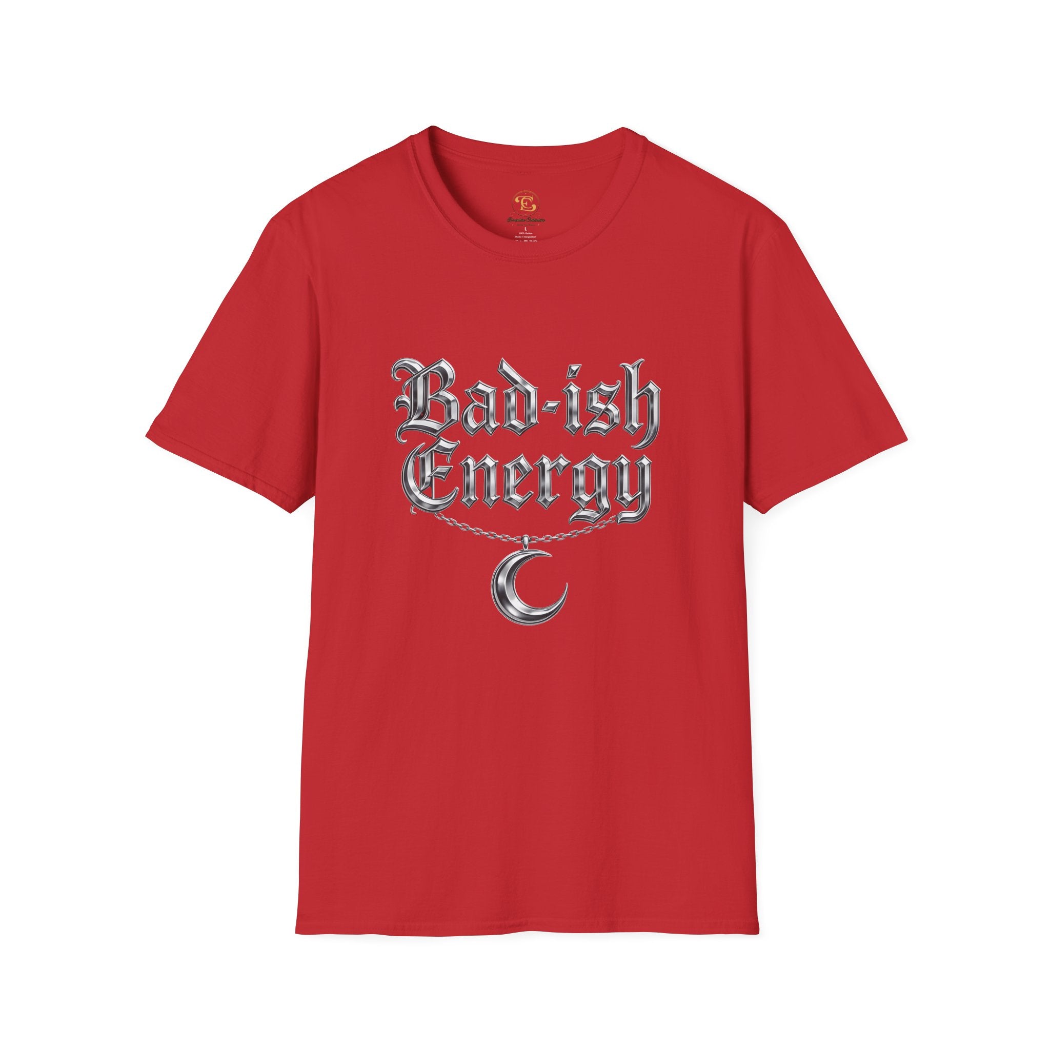 Bad-ish Energy T-Shirt — Gothic Script Tee with Crescent Moon Necklace Graphic