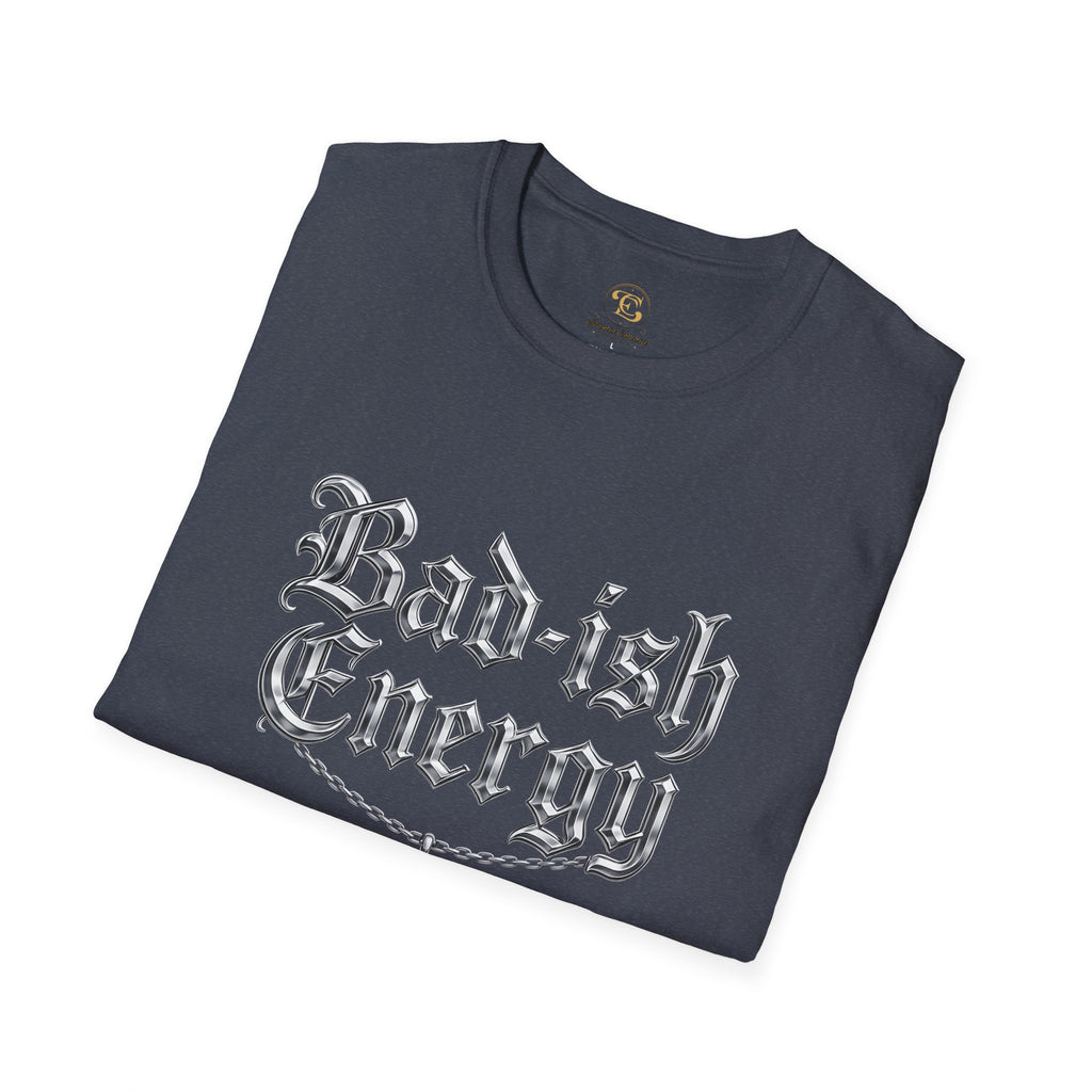 Bad-ish Energy T-Shirt — Gothic Script Tee with Crescent Moon Necklace Graphic