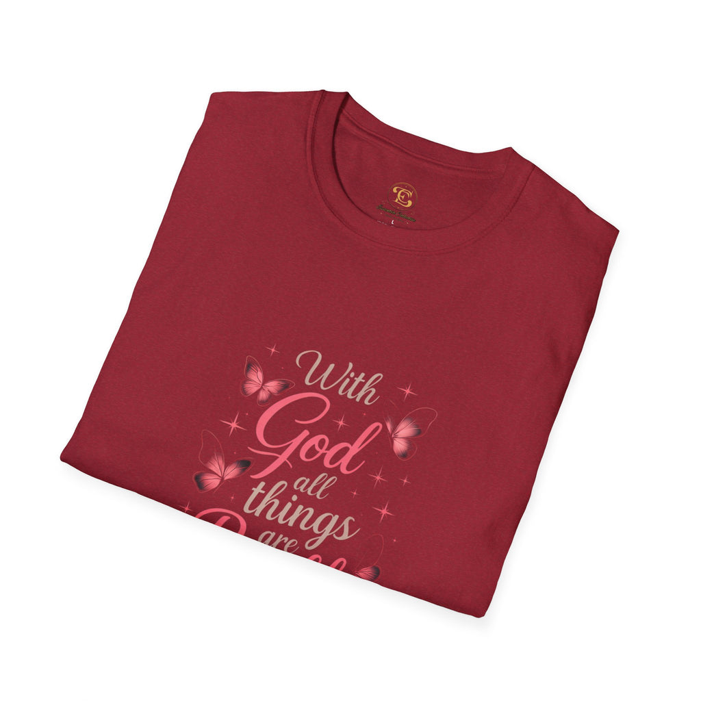 With God All Things Are Possible T-Shirt — Inspirational Christian Tee with Pink Butterflies