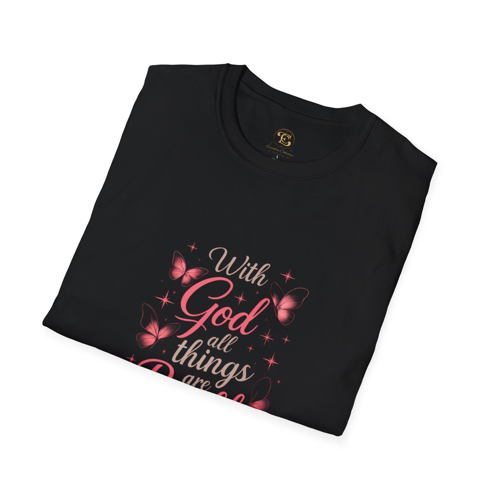 With God All Things Are Possible T-Shirt — Inspirational Christian Tee with Pink Butterflies