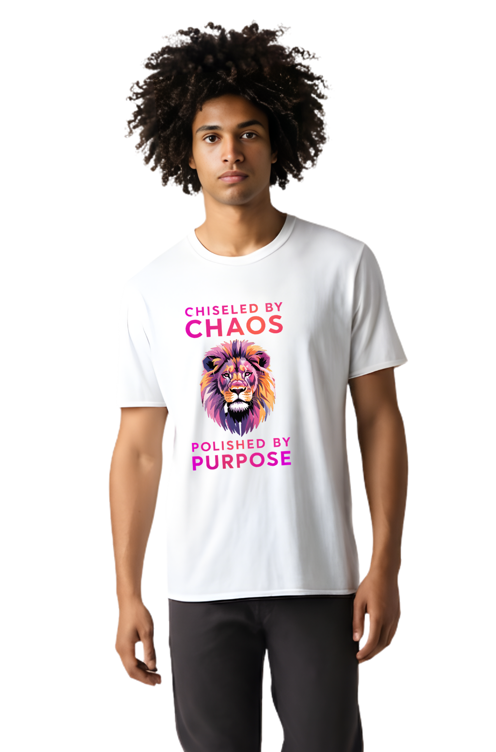 Lion Graphic T-Shirt — "Chiseled by Chaos, Polished by Purpose" Inspirational Tee