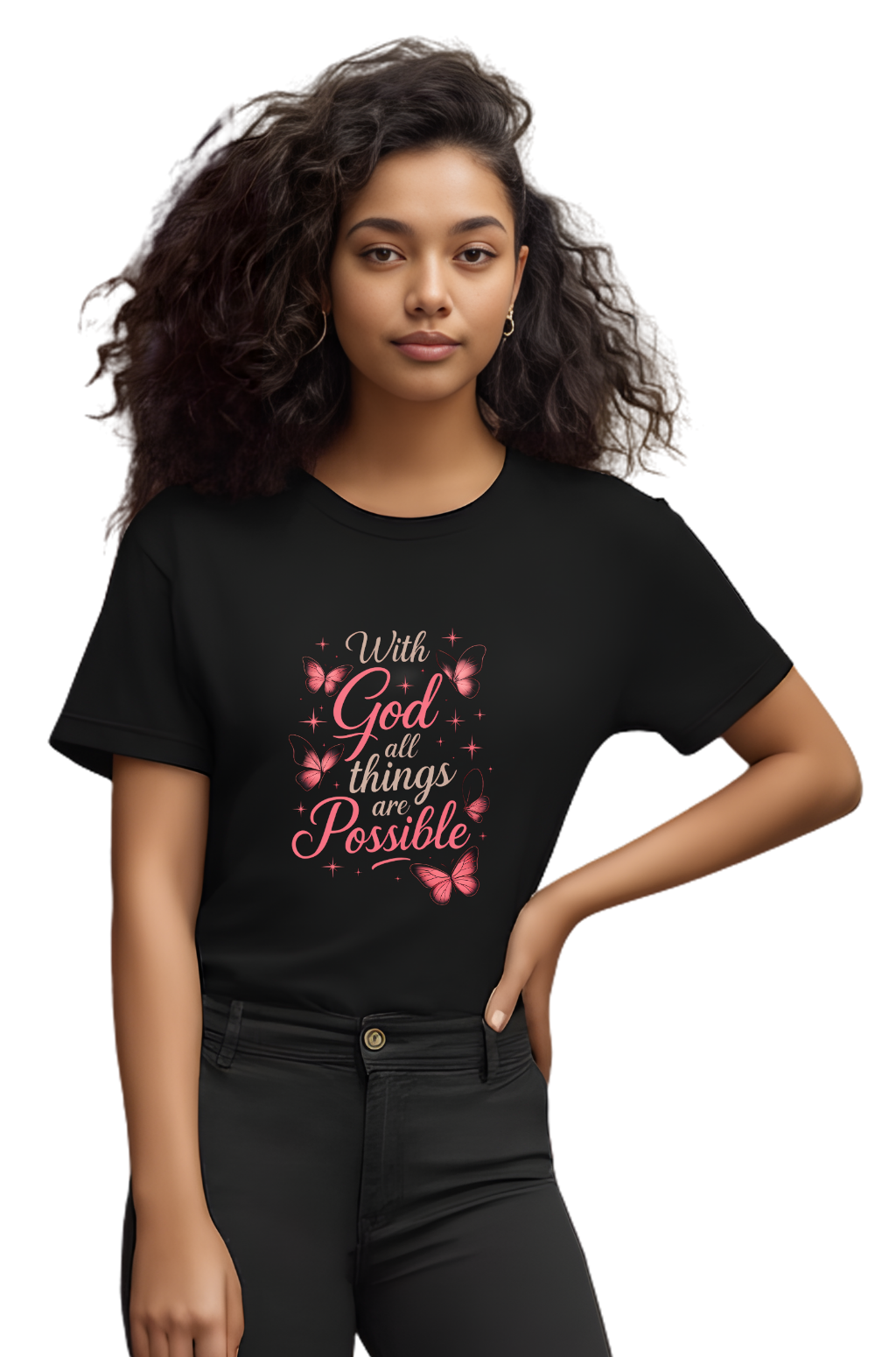 With God All Things Are Possible T-Shirt — Inspirational Christian Tee with Pink Butterflies