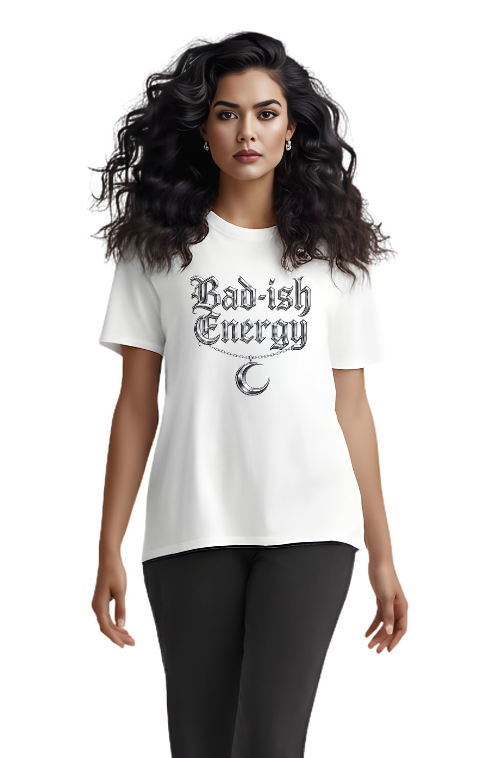 Bad-ish Energy T-Shirt — Gothic Script Tee with Crescent Moon Necklace Graphic