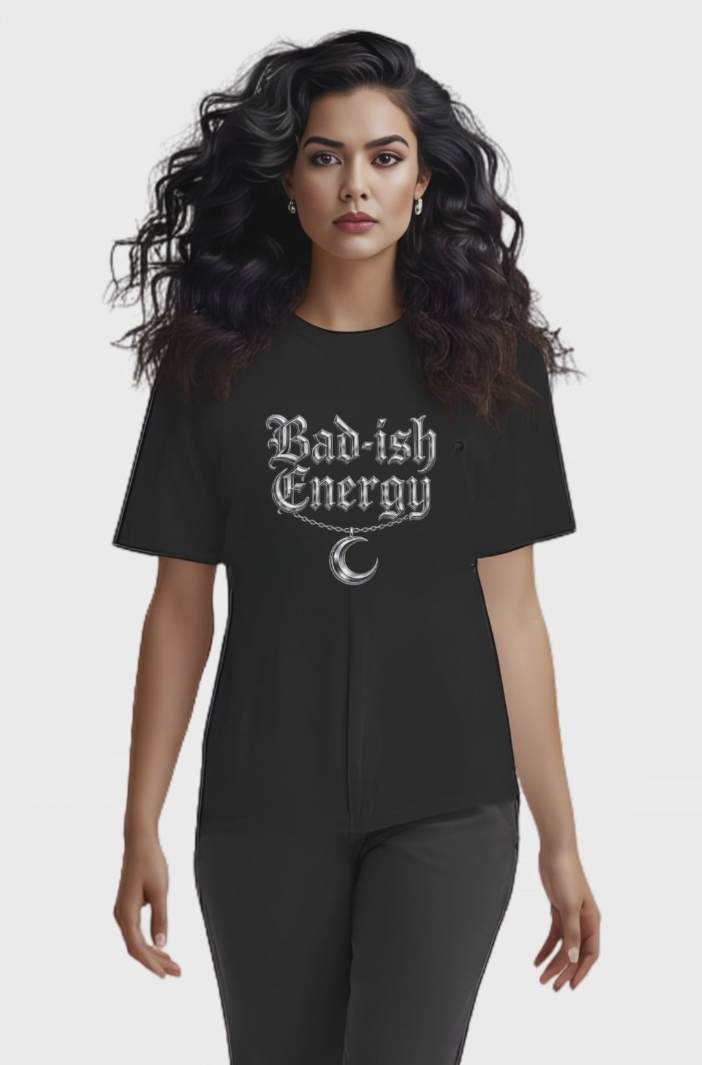 Bad-ish Energy T-Shirt — Gothic Script Tee with Crescent Moon Necklace Graphic