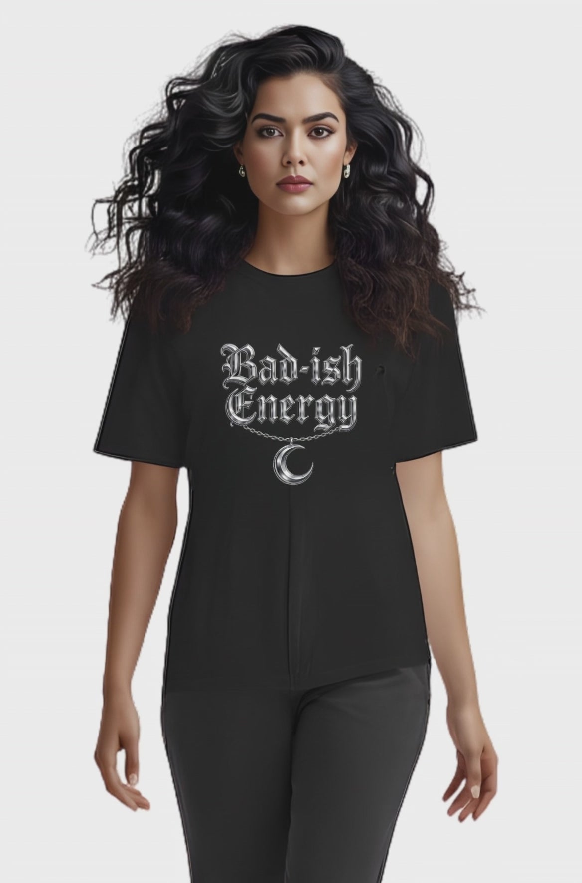 Bad-ish Energy T-Shirt — Gothic Script Tee with Crescent Moon Necklace Graphic