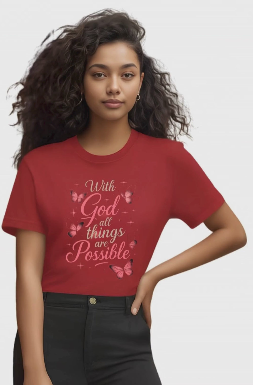 With God All Things Are Possible T-Shirt — Inspirational Christian Tee with Pink Butterflies