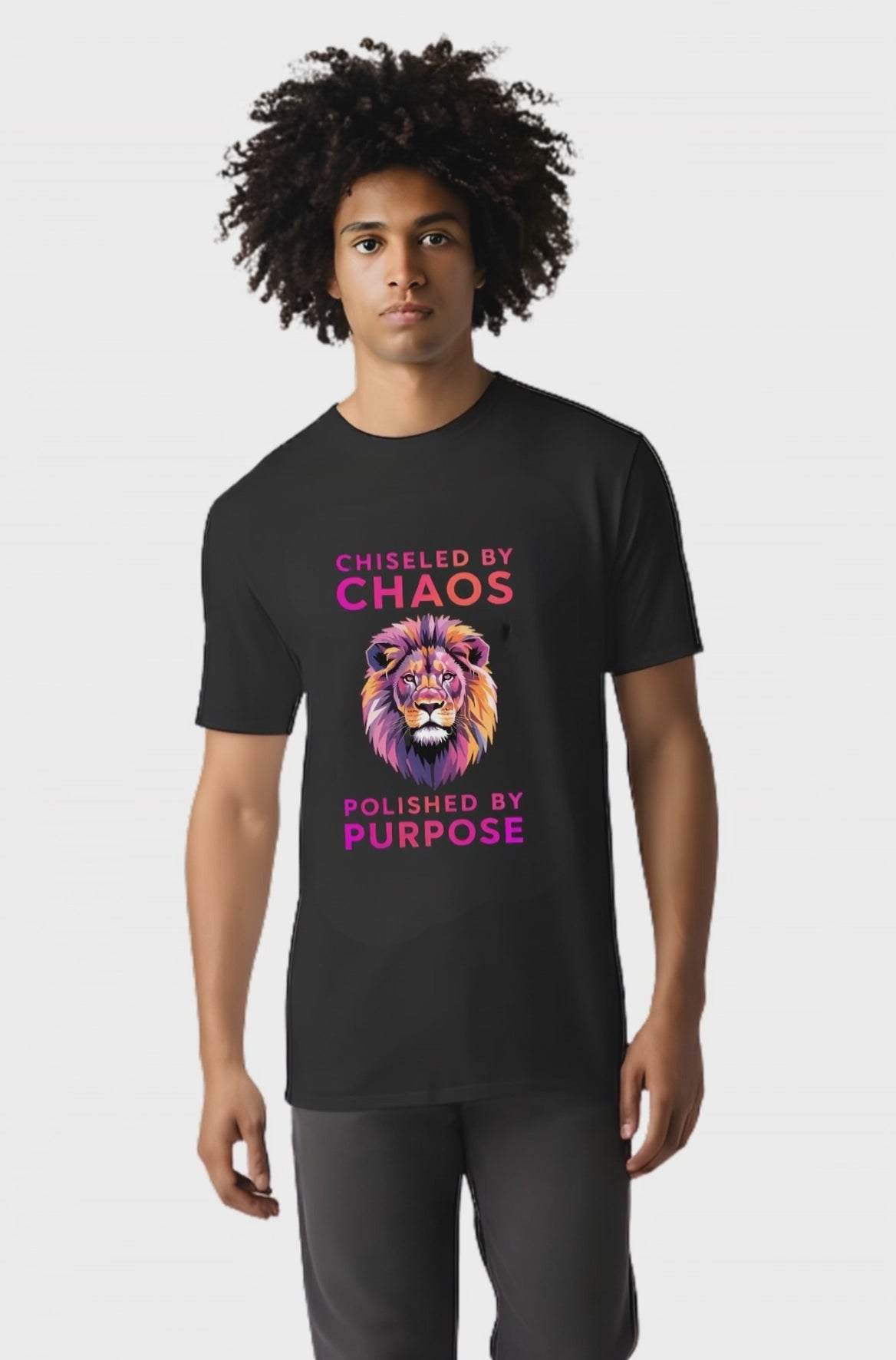 Lion Graphic T-Shirt — "Chiseled by Chaos, Polished by Purpose" Inspirational Tee