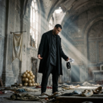 Solitary man in black streetwear in cinematic ruined cathedral light, representing zodiac archetype beyond sun sign