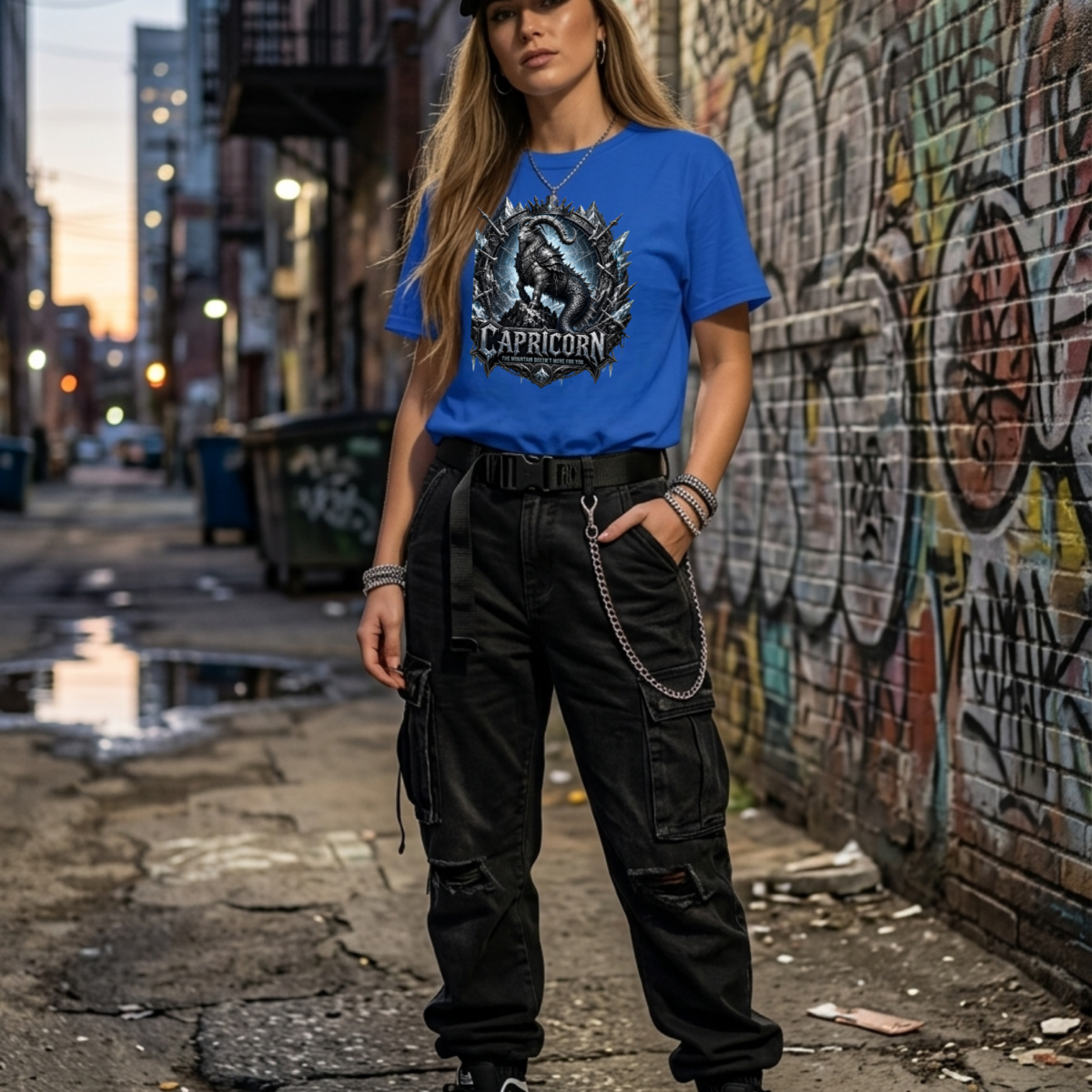 Female model with long blonde hair wearing a black baseball cap, black distressed cargo pants with a wallet chain, and a premium royal blue graphic streetwear t-shirt featuring a detailed Capricorn goat-warrior design by Essentia Collective in a graffiti-covered urban alley.