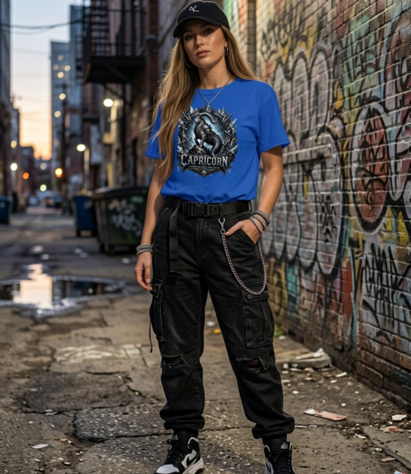 Female model with long blonde hair wearing a black baseball cap, black distressed cargo pants with a wallet chain, and a premium royal blue graphic streetwear t-shirt featuring a detailed Capricorn goat-warrior design by Essentia Collective in a graffiti-covered urban alley.