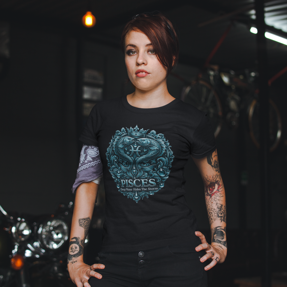 Heavily tattooed female model with an arm band bandana wearing a premium black graphic streetwear t-shirt featuring a detailed dark teal Pisces crest design by Essentia Collective inside a gritty industrial garage.