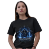Female model wearing a premium black graphic streetwear t-shirt featuring a detailed electric blue Aquarius lightning warrior design by Essentia Collective.