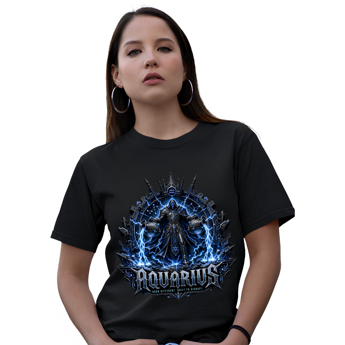 Female model wearing a premium black graphic streetwear t-shirt featuring a detailed electric blue Aquarius lightning warrior design by Essentia Collective.