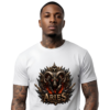 Aries Ram Graphic Streetwear White T-Shirt Male model wearing a premium white graphic streetwear t-shirt featuring a detailed Aries ram head and dark horn crown design by Essentia Collective.