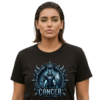 Cancer Graphic Streetwear Black T-Shirt Female model wearing a premium black graphic streetwear t-shirt featuring a detailed Cancer knight in heavy armor with a shield design by Essentia Collective.
