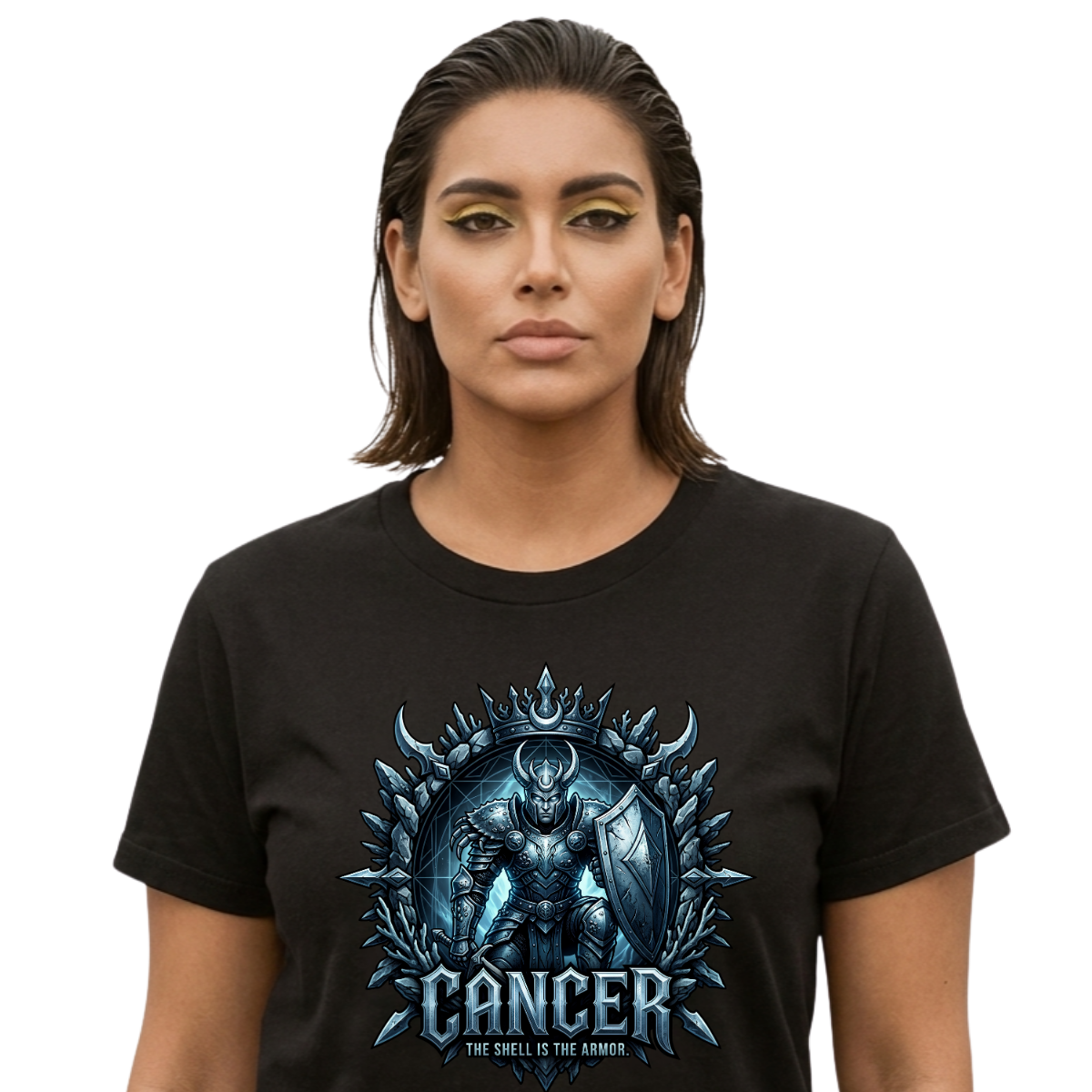 Cancer Graphic Streetwear Black T-Shirt Female model wearing a premium black graphic streetwear t-shirt featuring a detailed Cancer knight in heavy armor with a shield design by Essentia Collective.