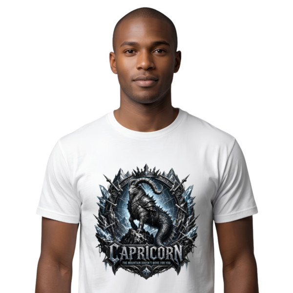 Male model wearing a premium white graphic streetwear t-shirt featuring a detailed Capricorn goat-warrior design by Essentia Collective.