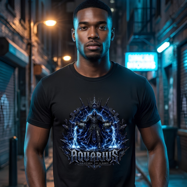 Male model standing in a dark, wet city alleyway illuminated by cyan neon signs, wearing a premium black graphic streetwear t-shirt featuring a detailed electric blue Aquarius lightning warrior design by Essentia Collective.