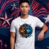 Male model leaning against a geometric star display wearing a premium white graphic streetwear t-shirt featuring a detailed Libra knight, scales of justice, and blades design by Essentia Collective.