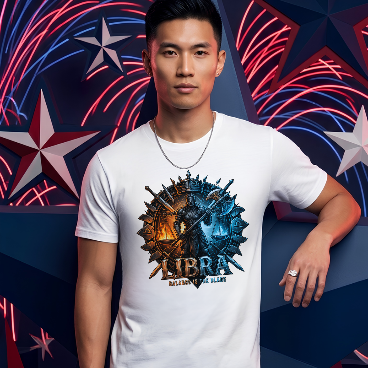 Male model leaning against a geometric star display wearing a premium white graphic streetwear t-shirt featuring a detailed Libra knight, scales of justice, and blades design by Essentia Collective.