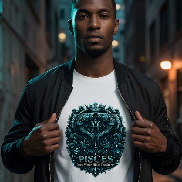 Male model wearing a black zip-up bomber jacket over a premium white graphic streetwear t-shirt featuring a detailed teal and metallic silver Pisces twin fish crest design by Essentia Collective in a dark city alley.
