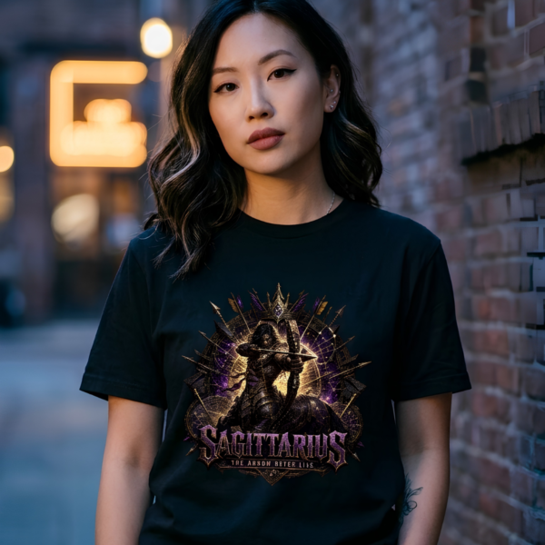 Female model with wavy dark hair highlighted with blonde standing in a brick alleyway at night wearing a premium black graphic streetwear t-shirt featuring a detailed Sagittarius archer design by Essentia Collective.
