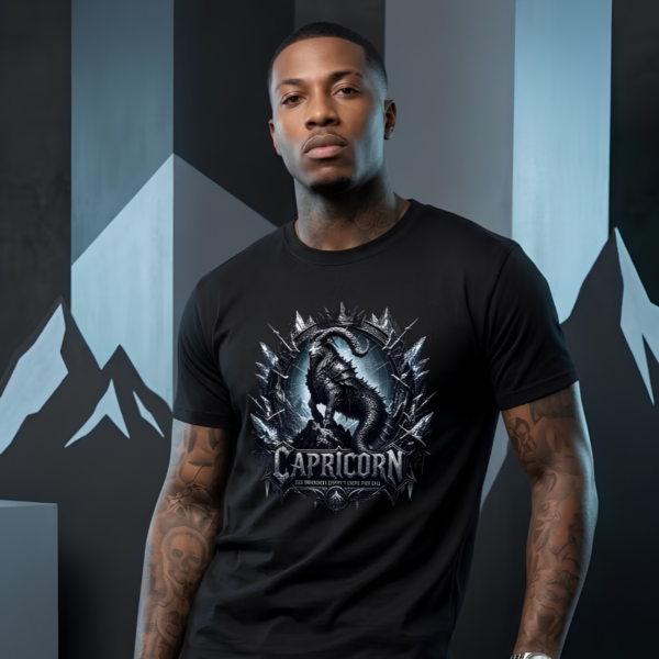 Athletic male model with tattoos standing against an angular, abstract mountain backdrop wearing a premium black graphic streetwear t-shirt featuring a detailed Capricorn goat-warrior design by Essentia Collective.