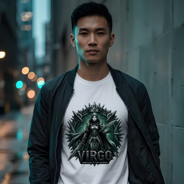 male model with clean-cut dark hair standing in a moody, wet urban alleyway wearing a premium white graphic streetwear t-shirt featuring a detailed chiseled Virgo warrior design by Essentia Collective.