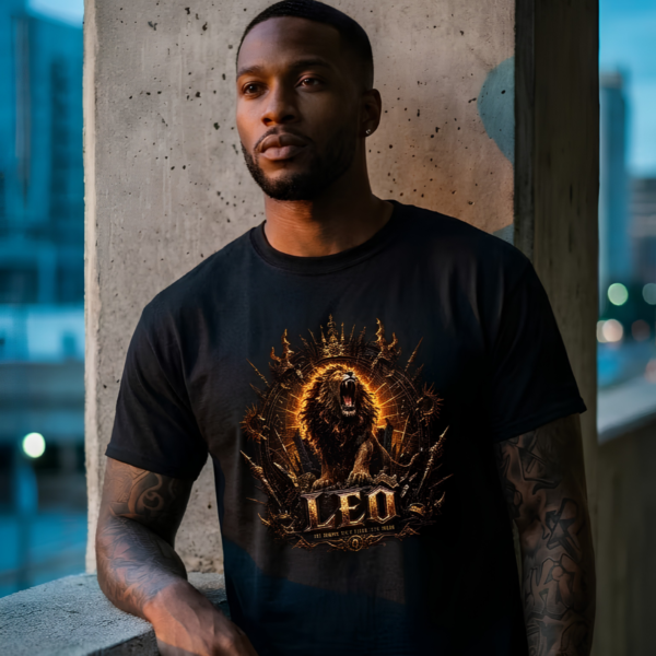 Tattooed male model leaning against a concrete pillar wearing a premium black graphic streetwear t-shirt featuring a detailed Leo roaring lion design by Essentia Collective.