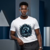 Cancer Graphic Streetwear White T-Shirt Male model leaning against a geometric display block wearing a premium white graphic streetwear t-shirt featuring a detailed Cancer knight in heavy armor with a shield design by Essentia Collective.