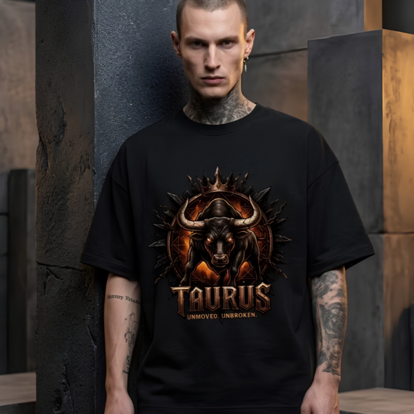 Model with neck and arm tattoos leaning against a concrete column wearing a premium black graphic streetwear t-shirt featuring a detailed Taurus crown and charging bull design by Essentia Collective.